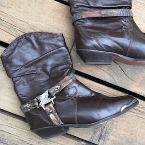 Rare ZODIAC Boots Vintage Moto Brown Leather Silver Gold Floral Feather Size 7.5